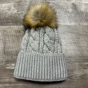 “Look” Grey Beanie with Pom Pom
